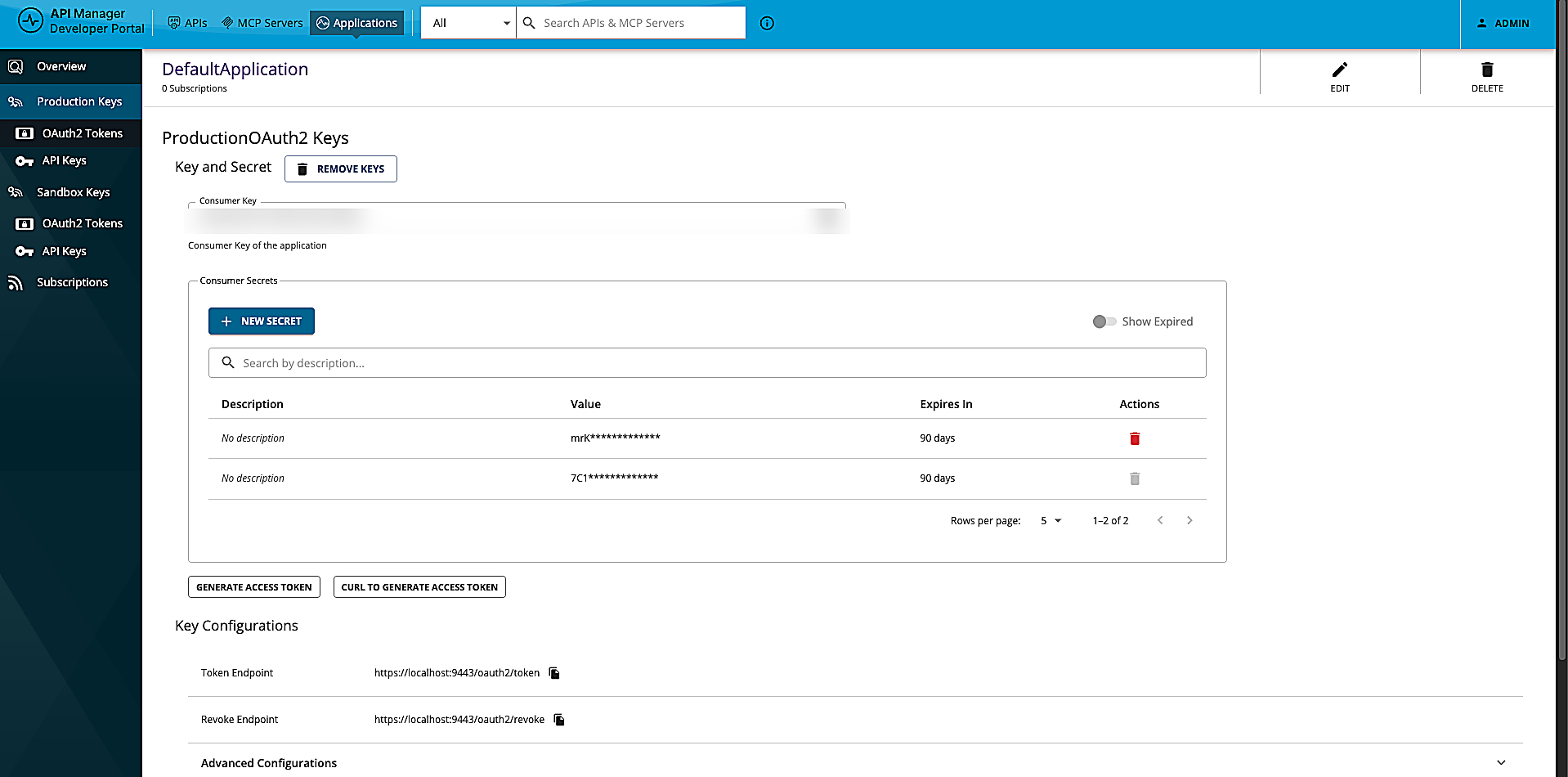 WSO2 Developer Portal — Application Production Keys showing Consumer Key, Consumer Secrets, Token Endpoint, and Revoke Endpoint