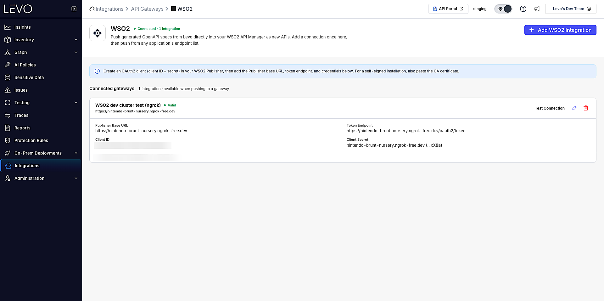 Saved WSO2 integration showing Publisher Base URL, Token Endpoint, Client ID, masked Client Secret, and Test Connection/Edit/Delete actions