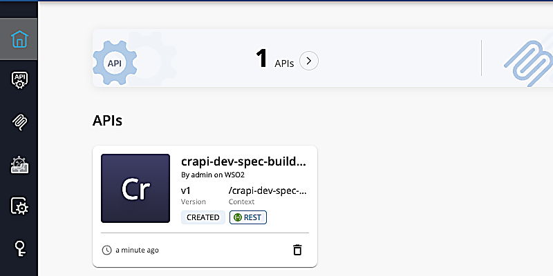 WSO2 API Manager Publisher — the pushed API listed in CREATED state