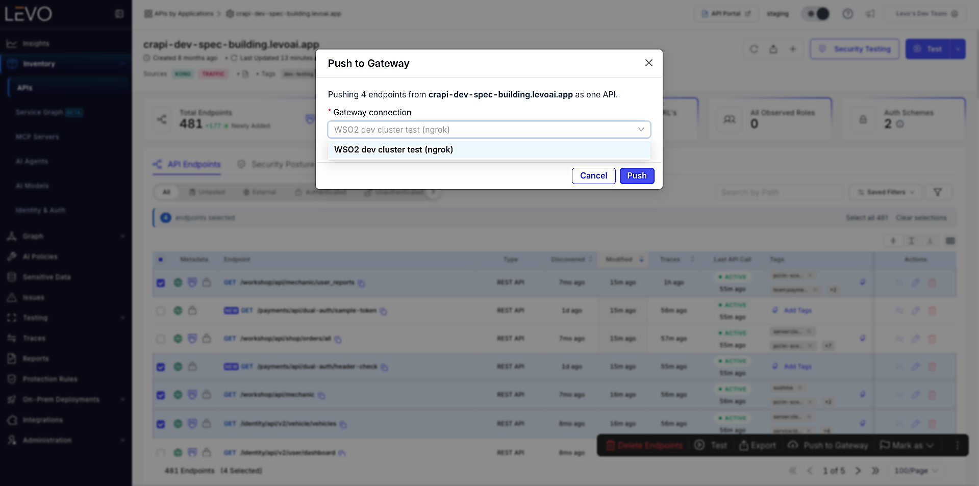 Push to Gateway modal showing the endpoint/application summary and the Gateway connection selector