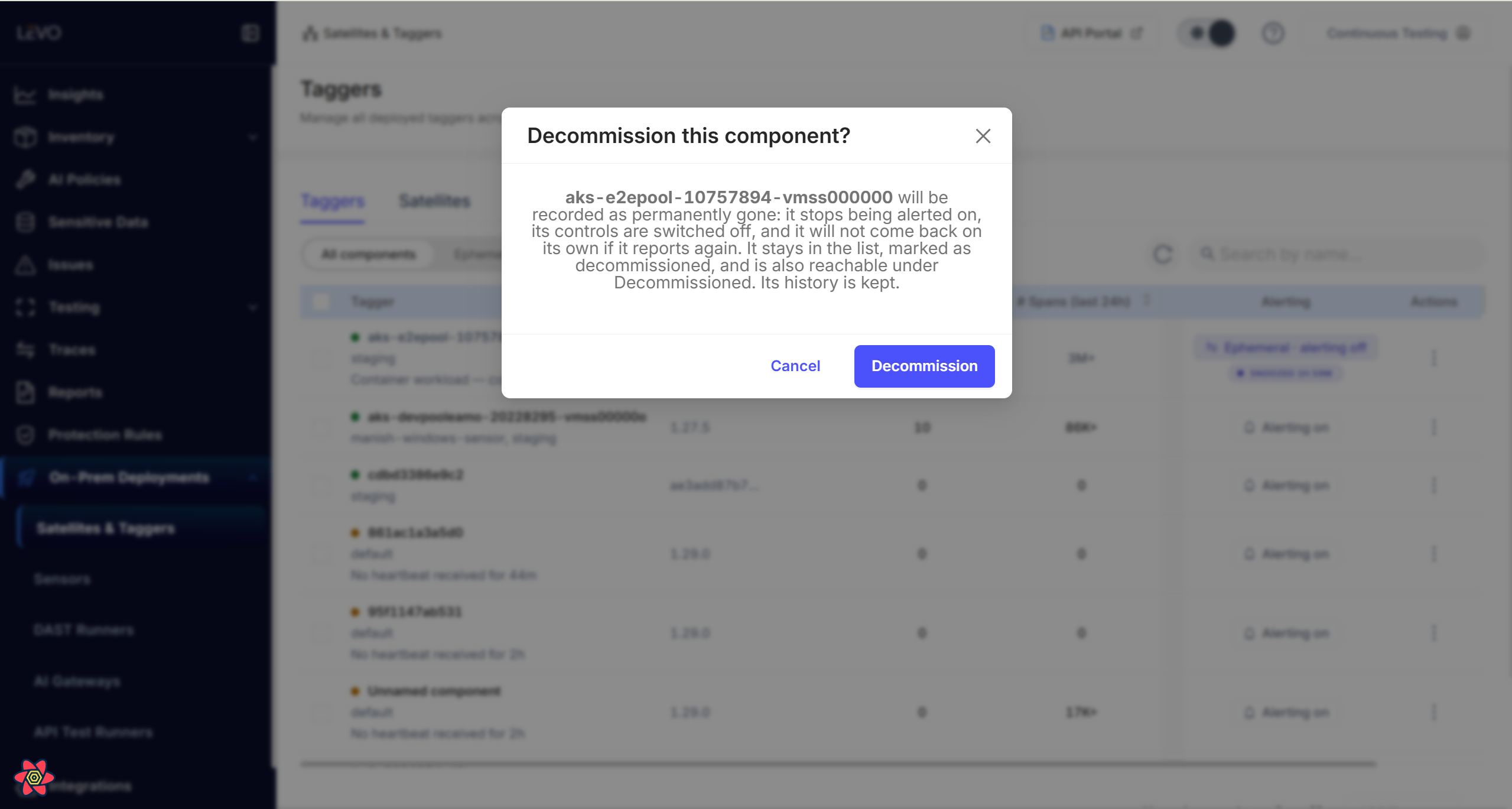The Decommission this component confirmation dialog, explaining that the component is recorded as permanently gone but stays in the list with its history kept
