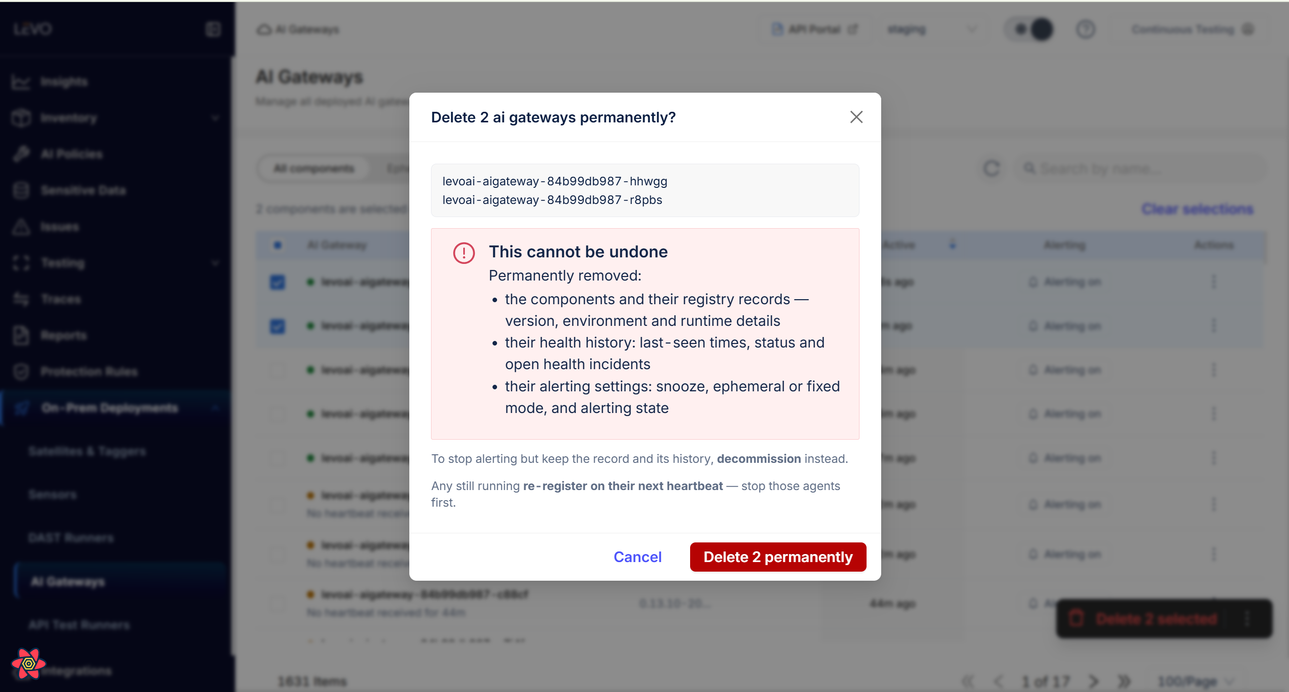 The Delete permanently confirmation dialog on the AI Gateways page, naming the two components and listing under This cannot be undone what will be permanently removed