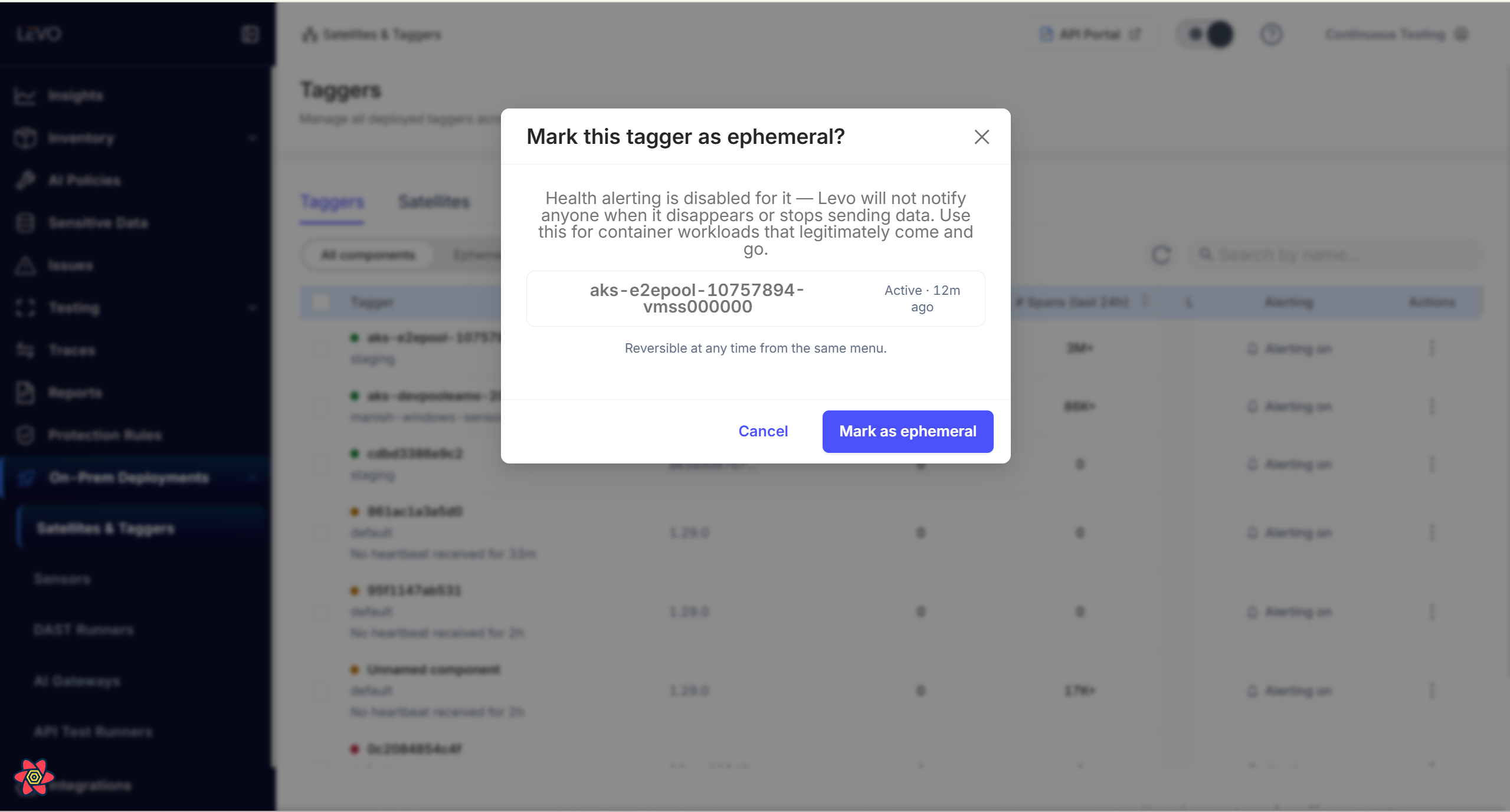 The Mark this component as ephemeral confirmation dialog, explaining that health alerting is disabled for the component and that the change is reversible