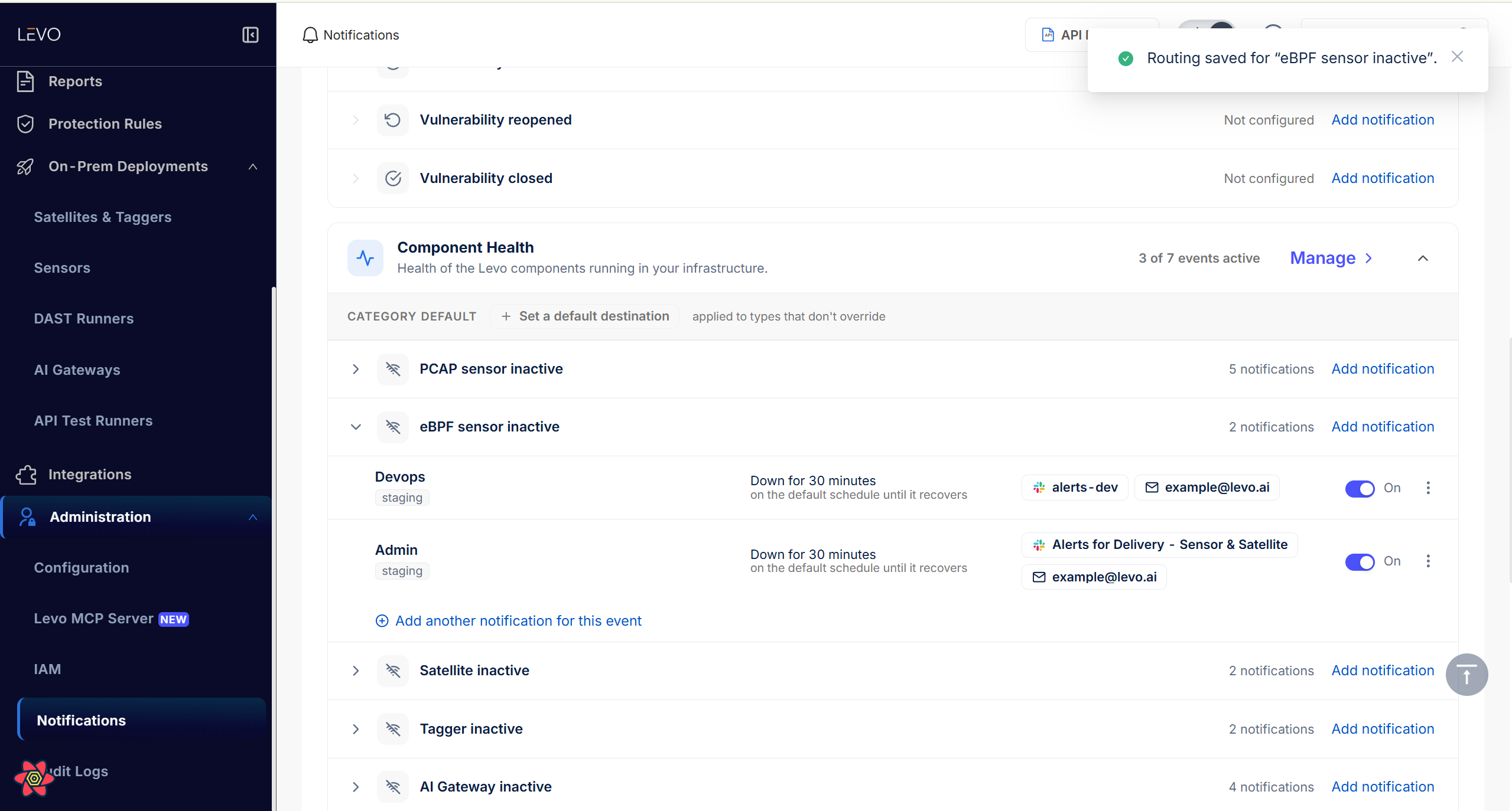 The Notifications page with the Component Health category expanded, listing the seven inactive events and their notification counts