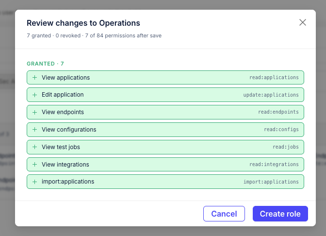 The Review changes dialog listing the permissions that will be granted and revoked, with Cancel and Create role buttons.