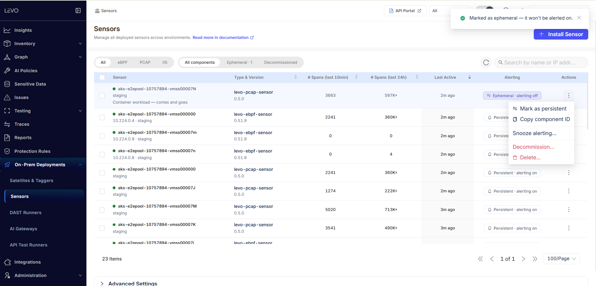 The row actions menu on the Sensors page, showing Mark as persistent, Copy component ID, Snooze alerting, Decommission and Delete, on a row already marked ephemeral
