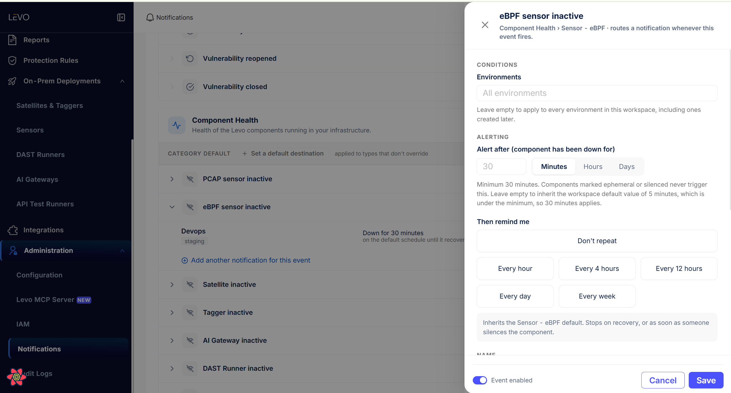 The notification editor drawer for the eBPF sensor inactive event, showing the Environments picker, Alert after field with Minutes / Hours / Days units, and the Then remind me presets