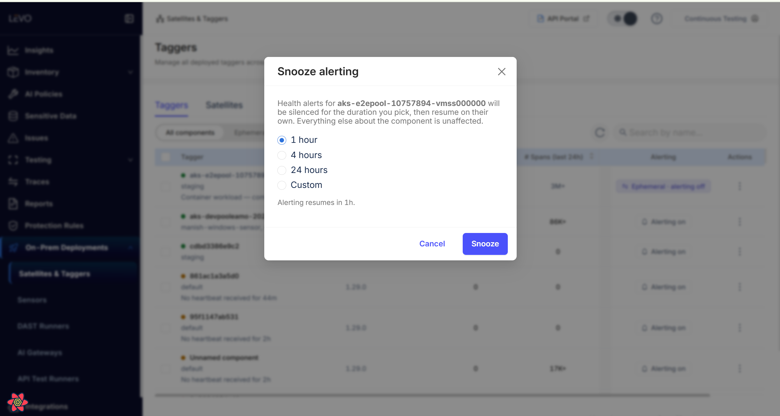 The Snooze alerting dialog, offering 1 hour, 4 hours, 24 hours and Custom, with a footer reading Alerting resumes in 1h