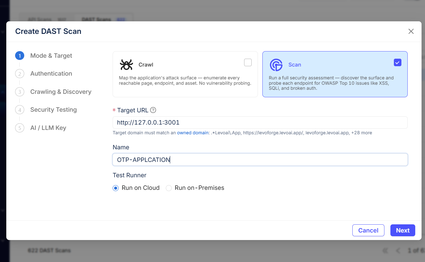 Create DAST Scan — Step 1, Mode & Target: Scan mode selected, target URL filled in, Run on Cloud chosen