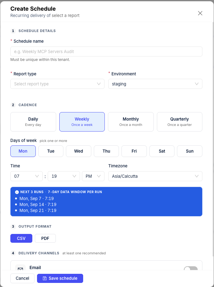 Create Schedule modal — schedule details, cadence, next-runs preview, and output format