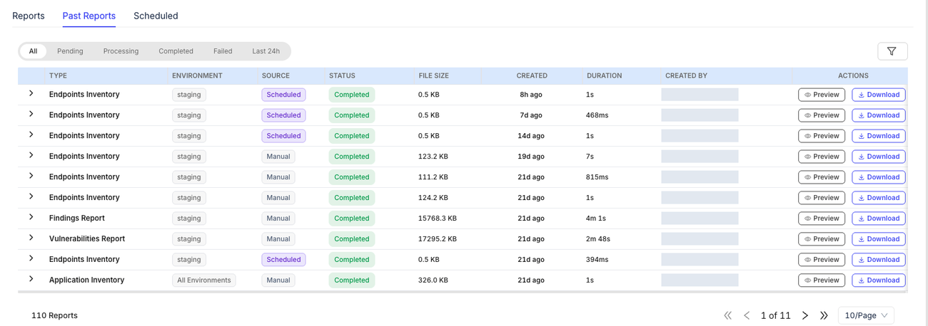 Past Reports table — type, environment, source, status, file size, created, duration, and actions columns